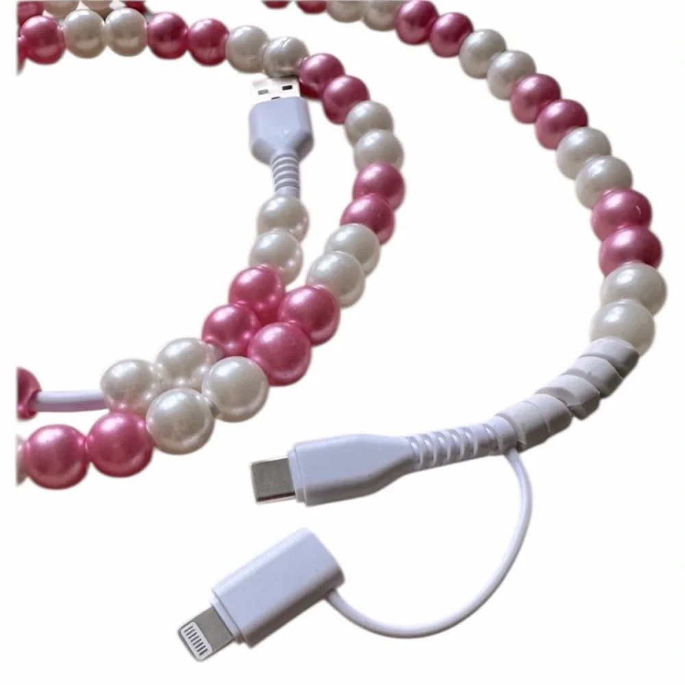 Pearl Beaded USB Charging Cable - Pink and White - New - 3 Ft.